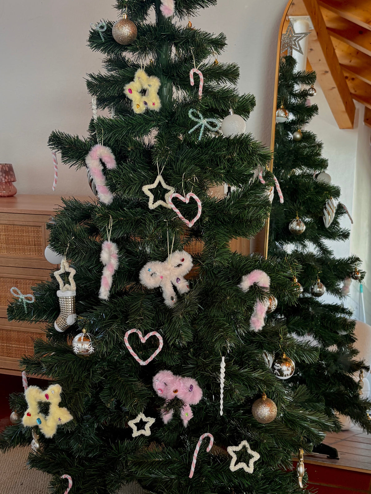 Handmade Christmas ornaments with glitter pipe cleaners and sparkling details