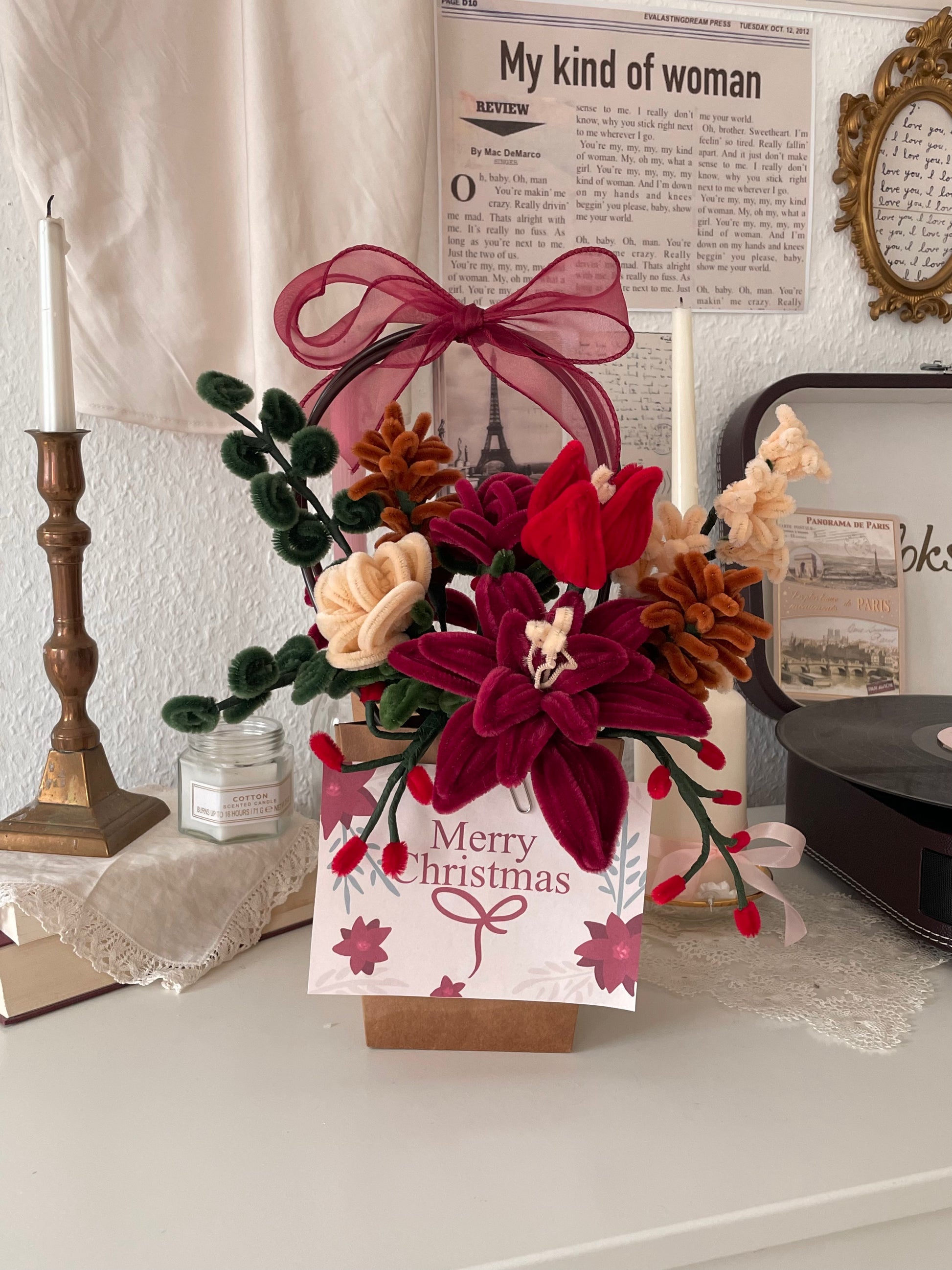 DIY Christmas gift with a handmade pipe cleaner flower bouquet in a paper basket