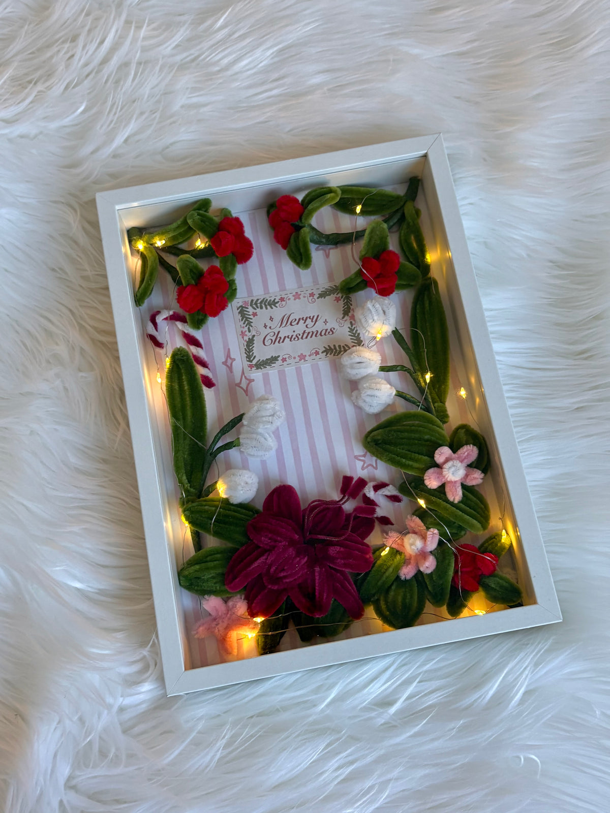 Christmas flower frame DIY kit with handmade pipe cleaner flowers and lights