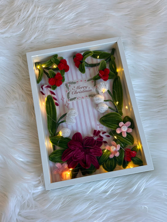 Christmas flower frame DIY kit with handmade pipe cleaner flowers and lights