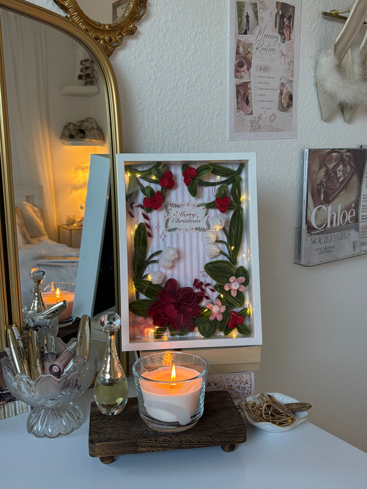Handmade Christmas flower frame decorated with a string of lights