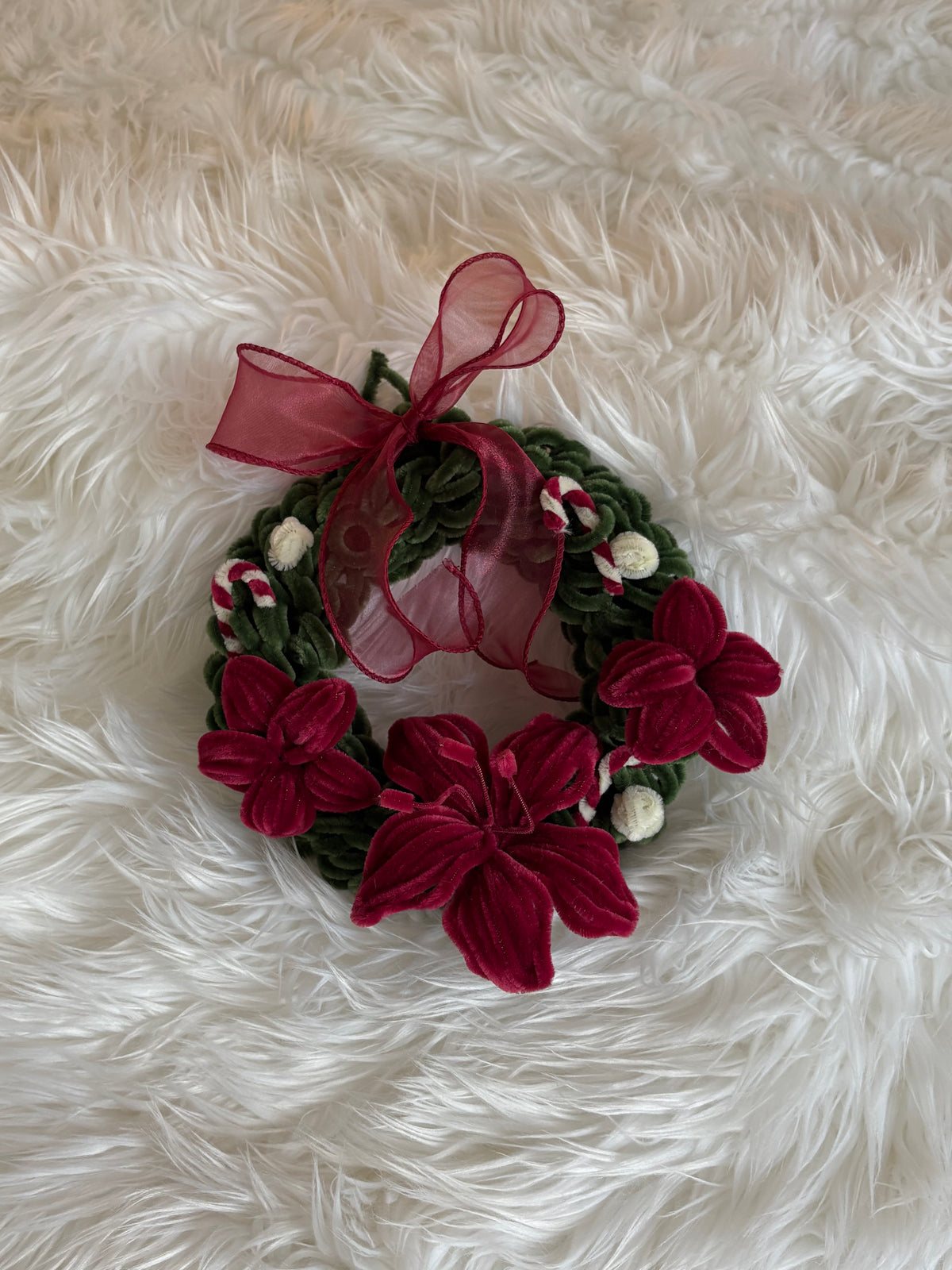 Red Christmas flower wreath handmade with pipe cleaners