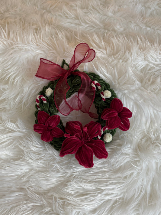 Red Christmas flower wreath handmade with pipe cleaners