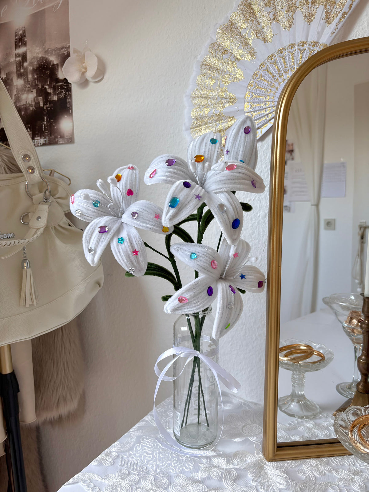 Handmade white lily bouquet made from pipe cleaners